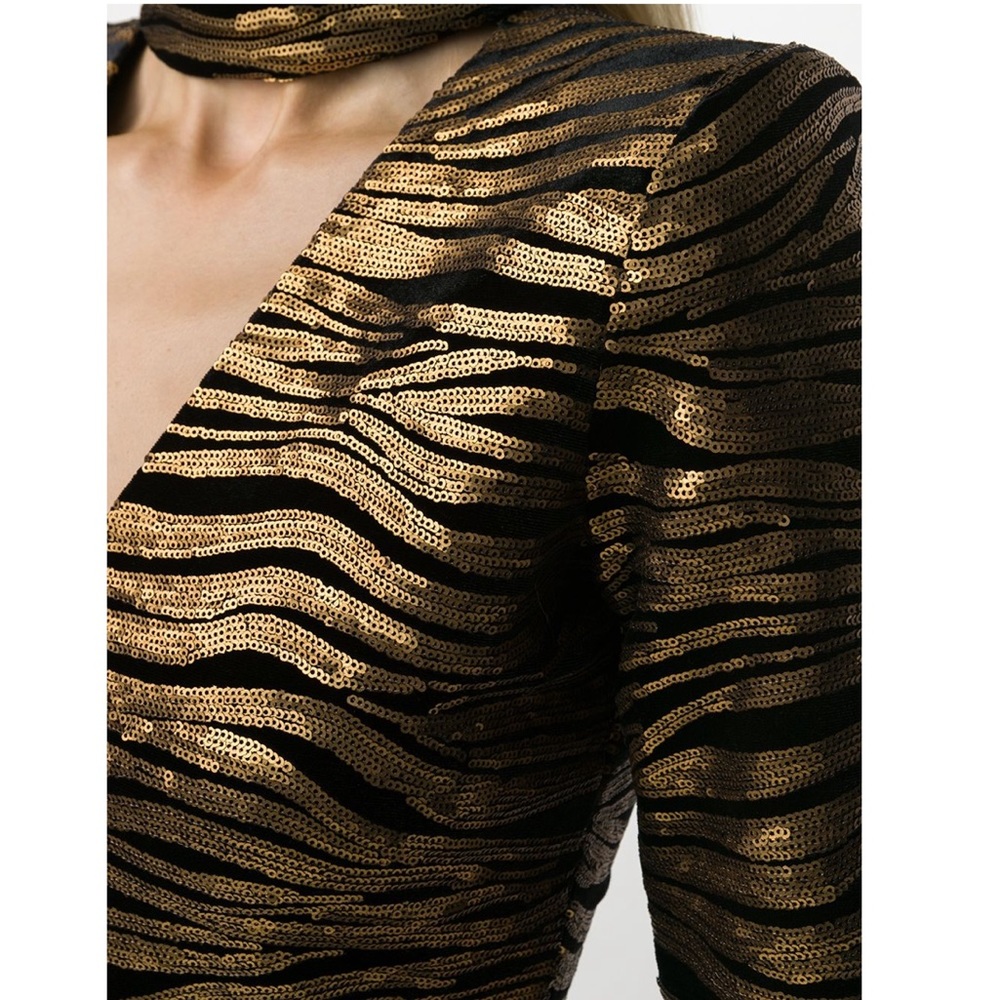 Alice & Olivia Gold Bronze Sequin Stripe Velvet Inka Evening Mini Dress - Picture 9 of 16